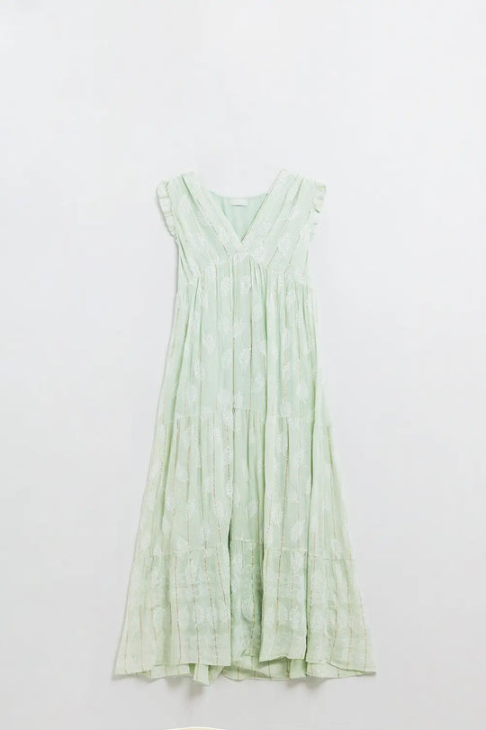 Robe longue babydoll boho à imprimé feuilles et lurex en menthe - Vestidos