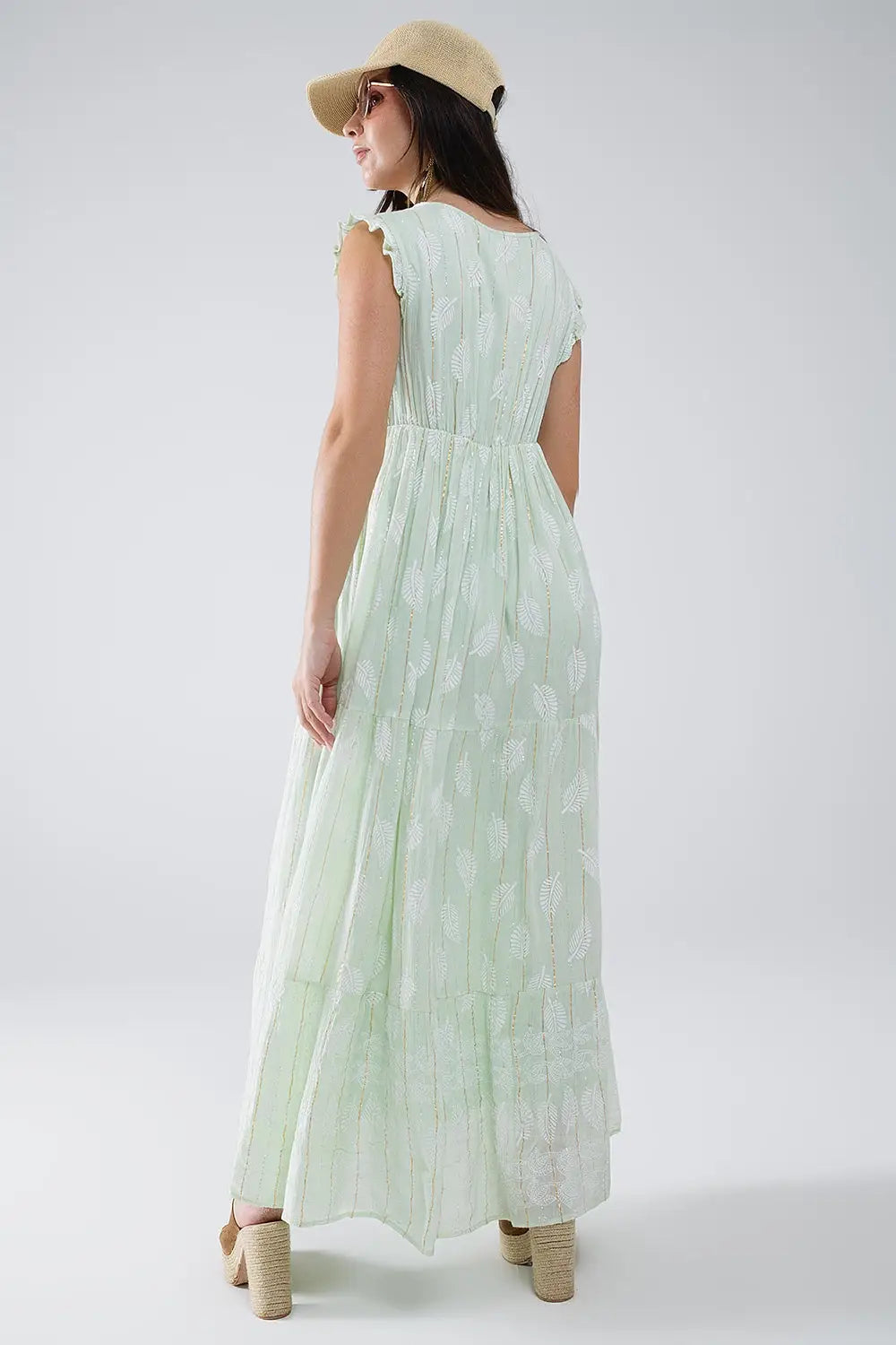Robe longue babydoll boho à imprimé feuilles et lurex en menthe - Vestidos