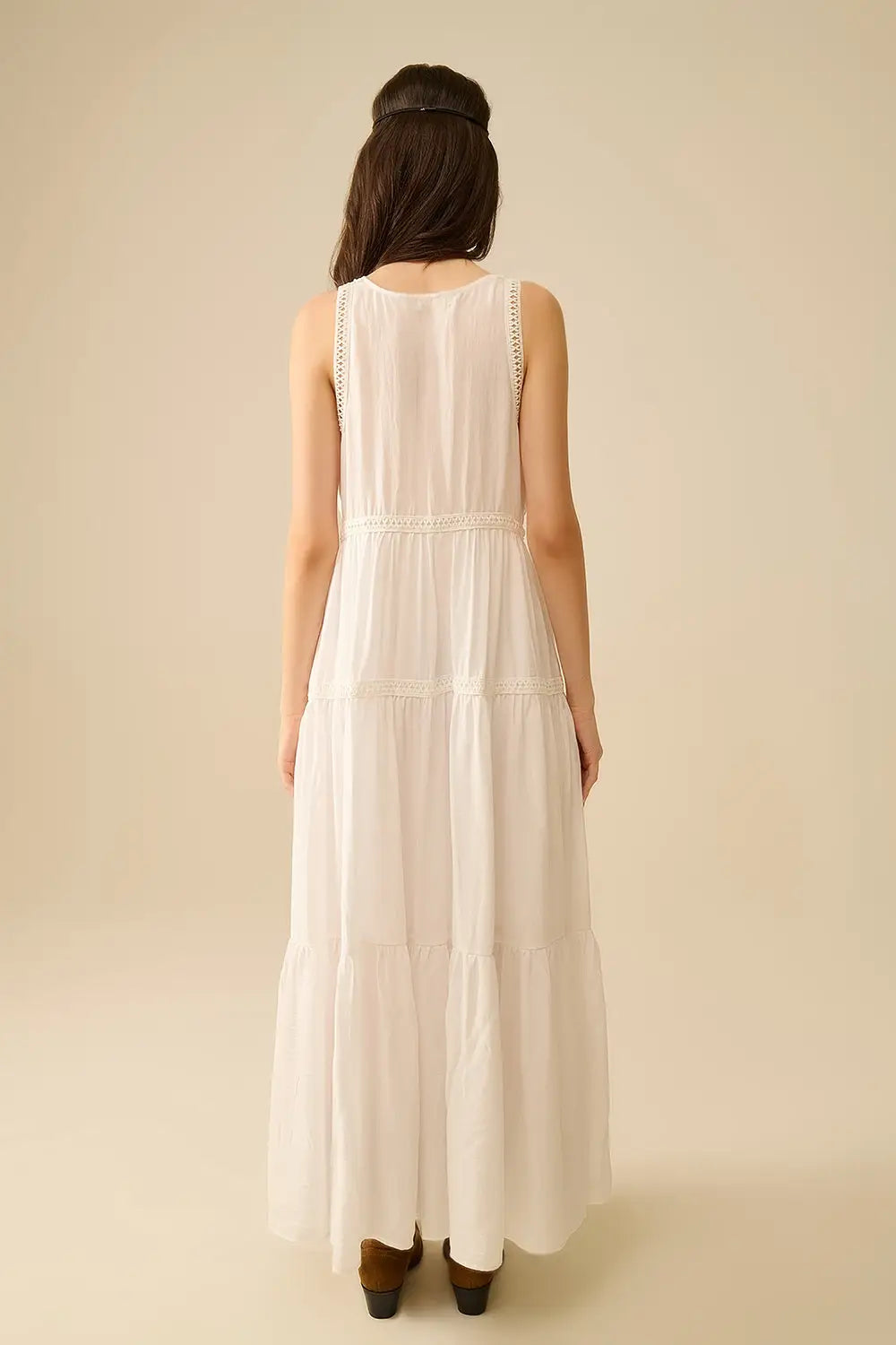 Robe longue blanche avec détails en dentelle et style boho - Vestidos