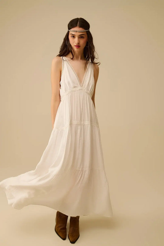 Robe longue blanche avec détails en dentelle et style boho - Vestidos