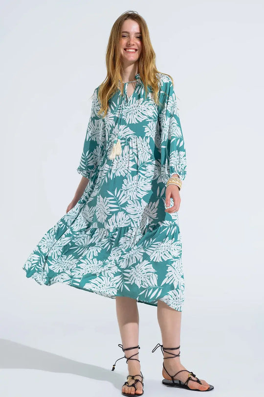 Robe longue boho à manches ballon et imprimé feuilles en vert - Vestidos
