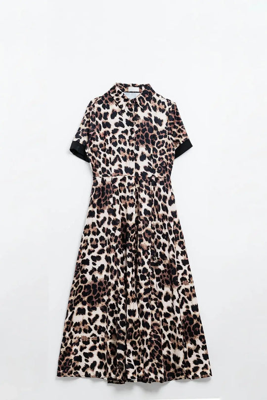 Robe longue boutonnée à imprimé léopard avec détails en satin - Vestidos