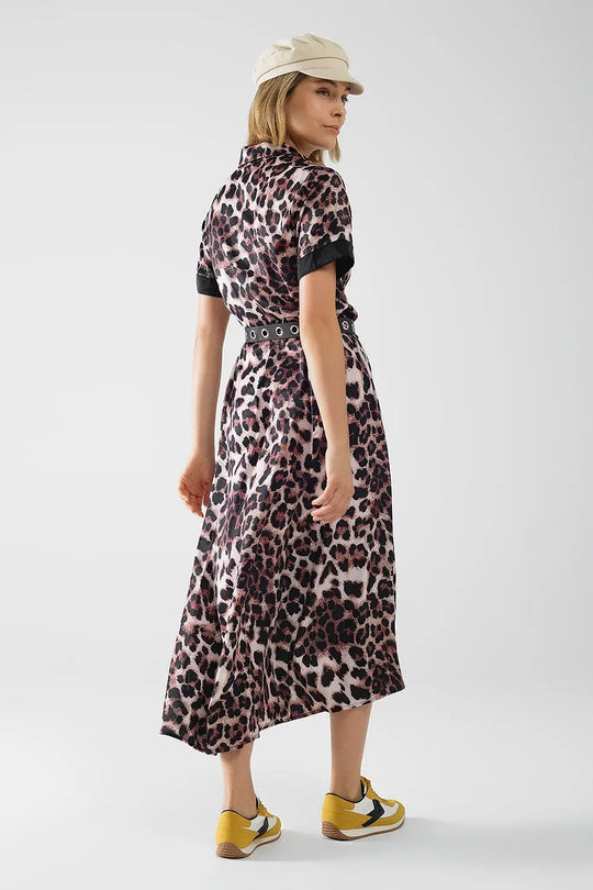 Robe longue boutonnée à imprimé léopard avec détails en satin - Vestidos