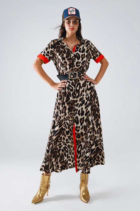 Robe longue boutonnée en léopard avec détails rouges - Vestidos