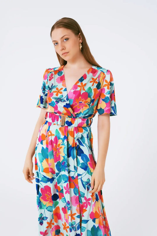 robe longue ceinturée en satin doux avec imprimé fleuri - Vestidos