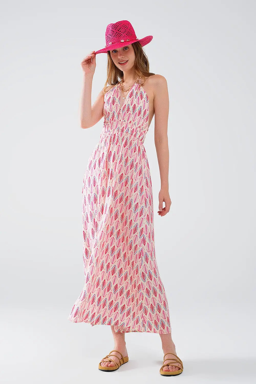 Robe longue d’été à imprimé plumes et dos ouvert en rose - Vestidos