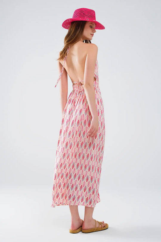 Robe longue d’été à imprimé plumes et dos ouvert en rose - Vestidos