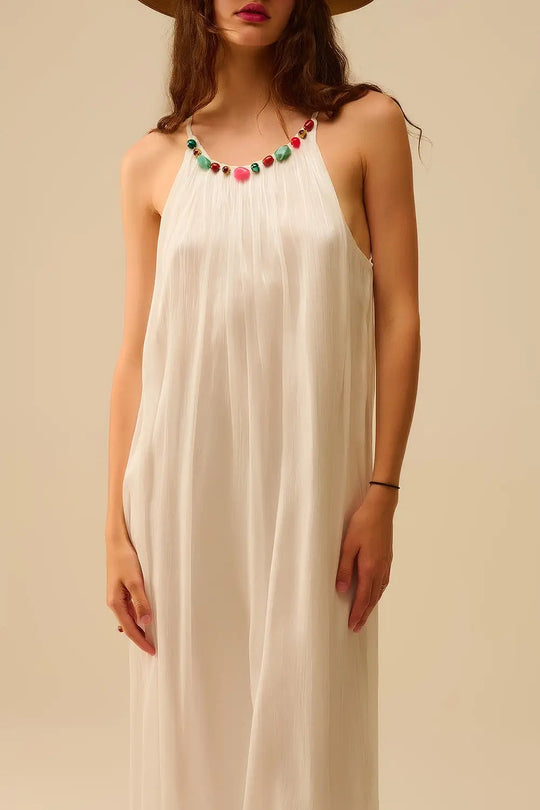 Robe longue dos nu plissée avec encolure en perles - Vestidos