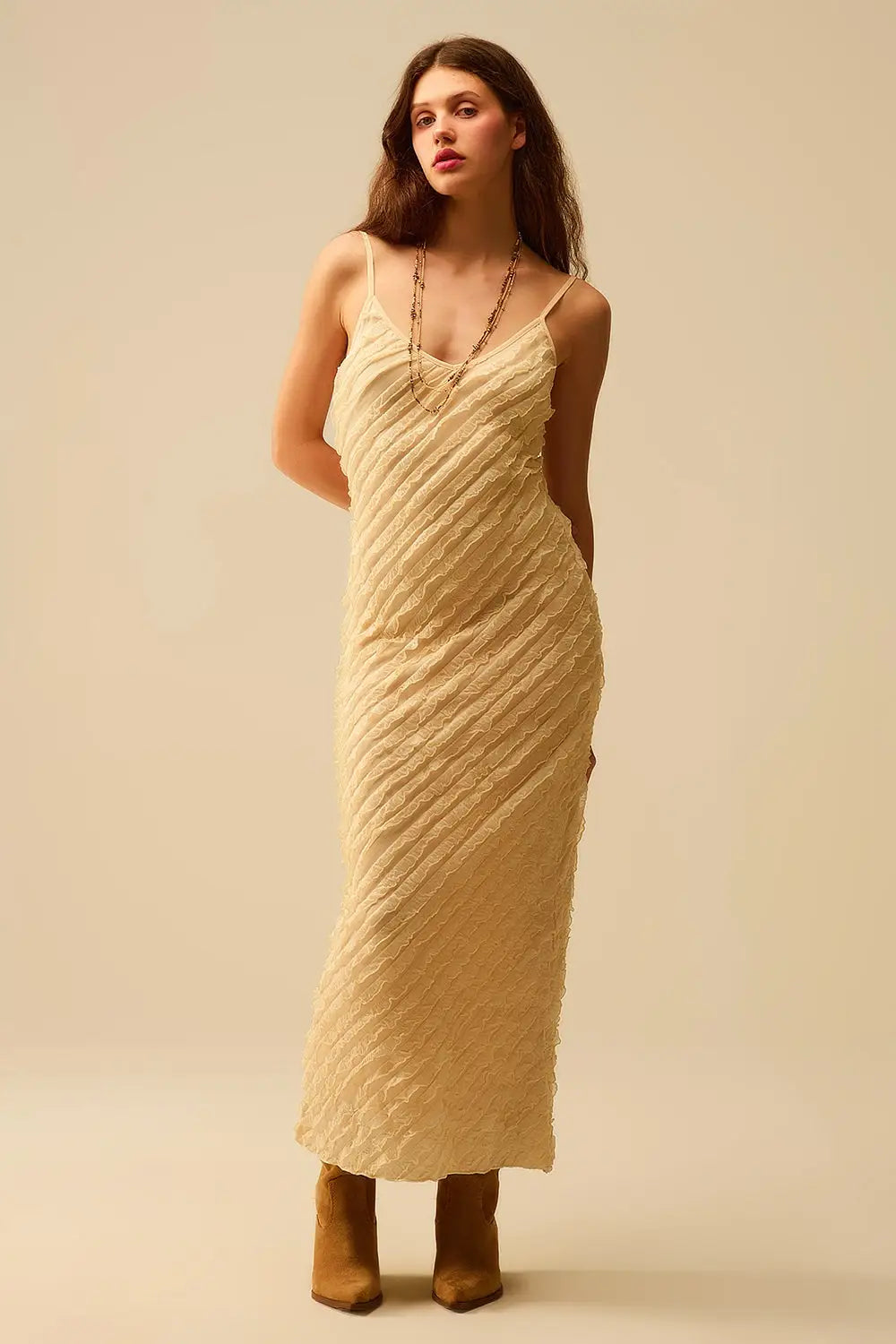 Robe longue écrue avec franges et bretelles - Vestidos