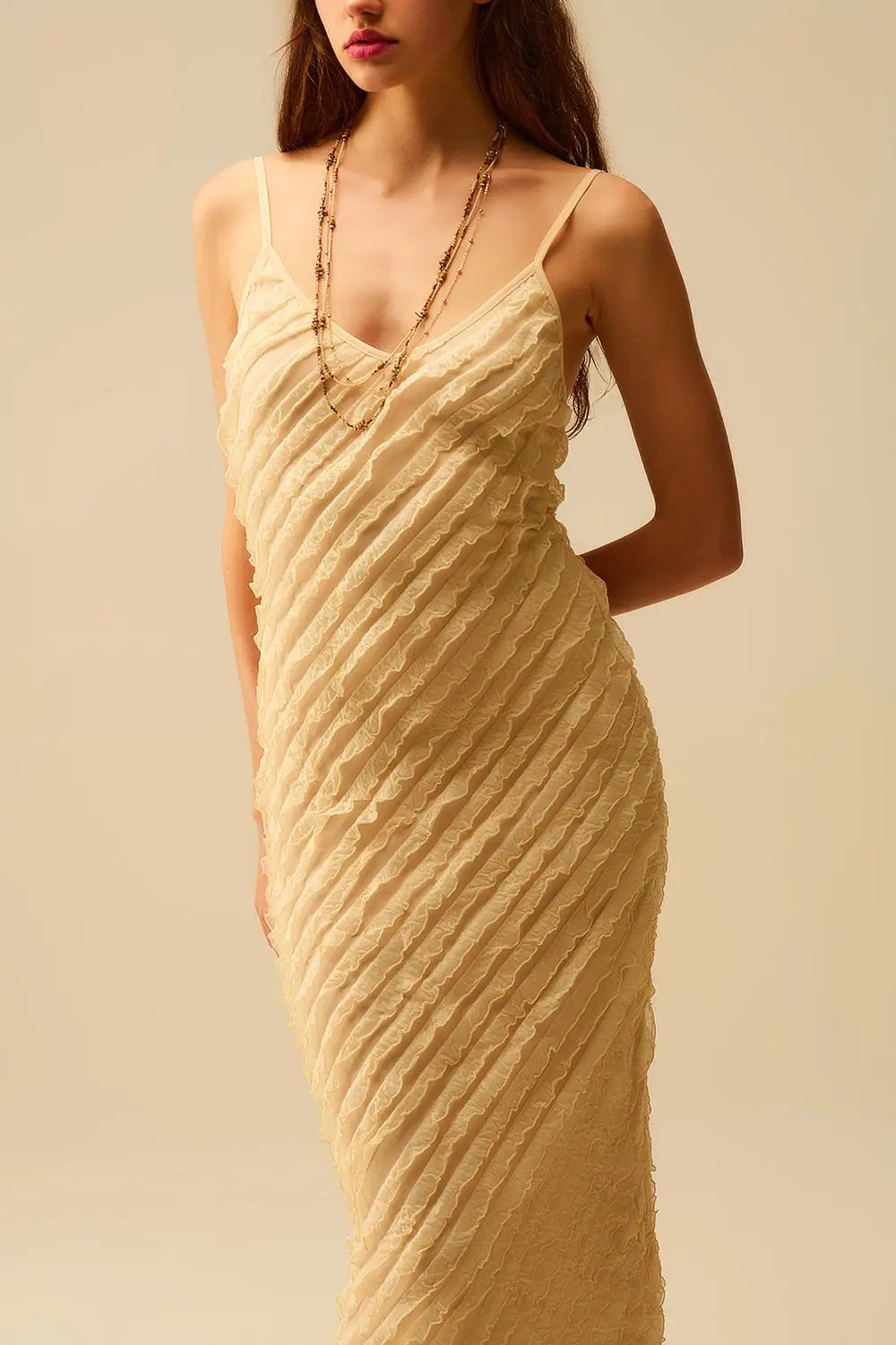 Q2 Robe longue écrue avec franges et bretelles