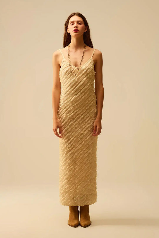 Robe longue écrue avec franges et bretelles - Vestidos