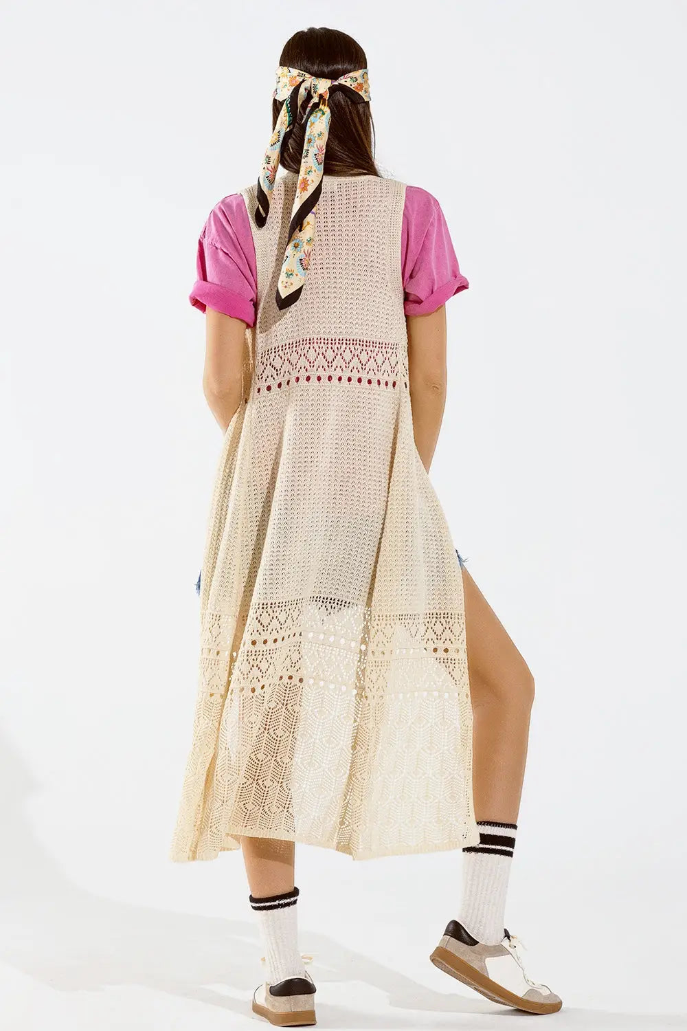 Robe longue en crochet avec fermeture à boutons en beige - One Size / beige - Vestidos