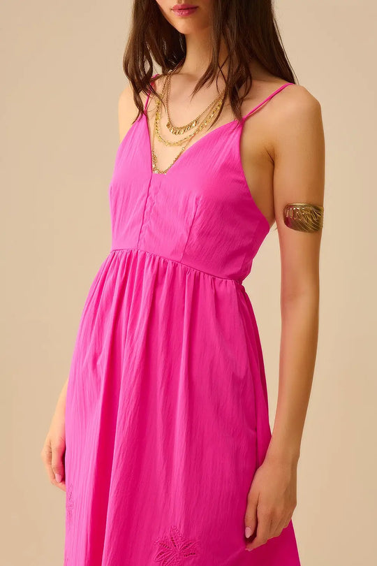Robe longue en fucshia avec palmes brodées - Vestidos