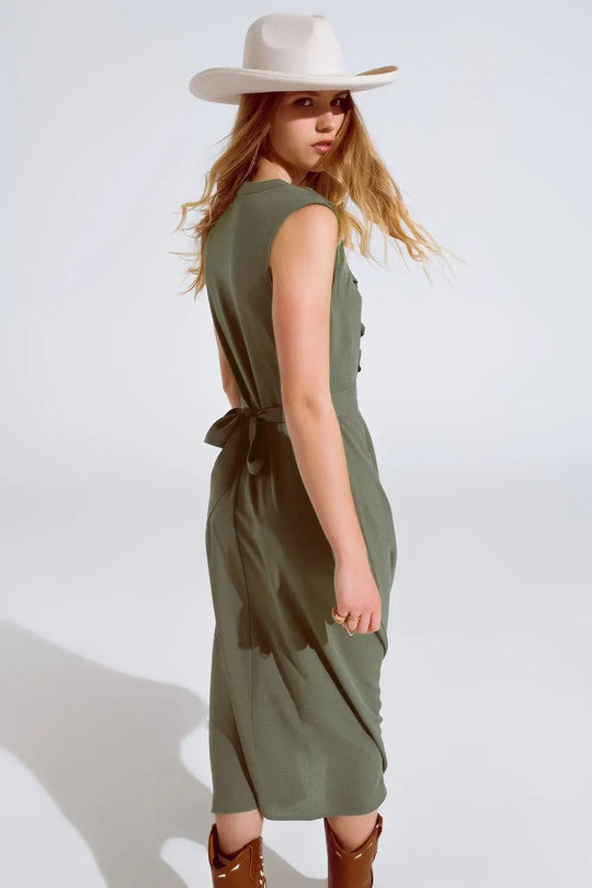 Robe longue en kaki avec volants et boutons - Vestidos
