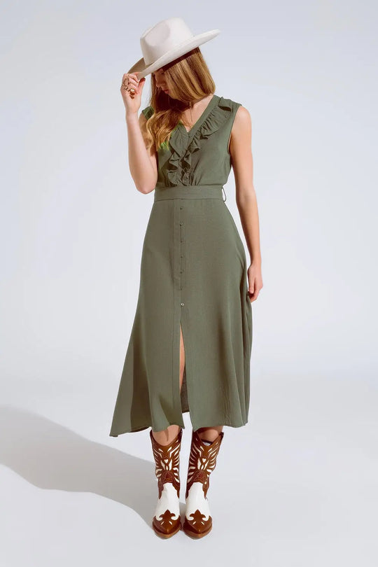 Robe longue en kaki avec volants et boutons - Vestidos