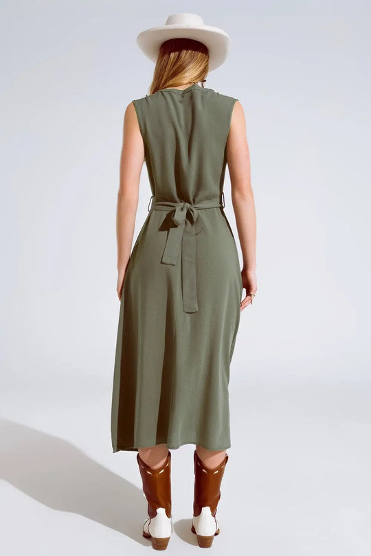 Robe longue en kaki avec volants et boutons - Vestidos