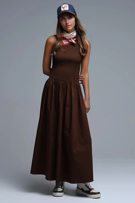 Robe longue en popeline smockée marron - Vestidos