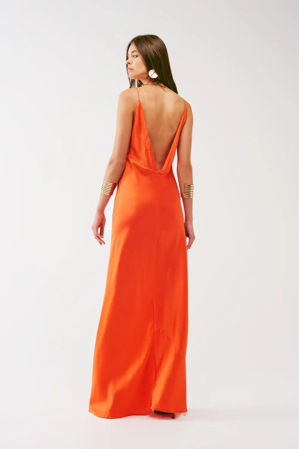 Robe longue en satin à bretelles spaghetti en orange - Vestidos