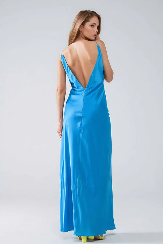 Robe longue en satin avec bretelles spaghetti en bleu - Vestidos