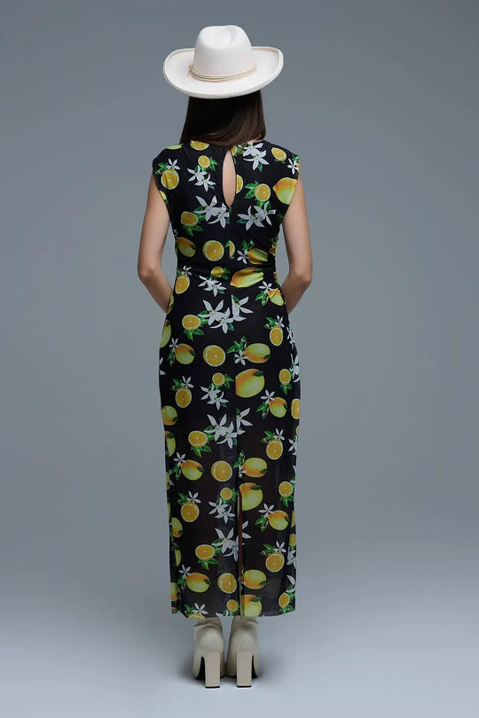 Robe longue en tulle noir avec volant sur le côté en imprimé jaune citron - Vestidos