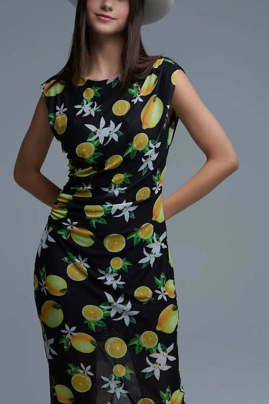 Robe longue en tulle noir avec volant sur le côté en imprimé jaune citron - Vestidos