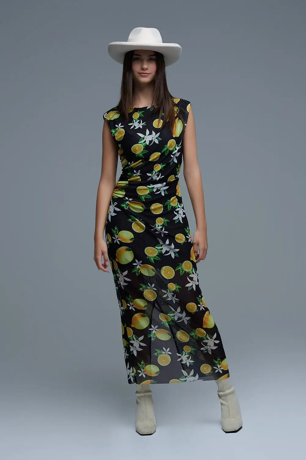 Q2 Robe longue en tulle noir avec volant sur le côté en imprimé jaune citron