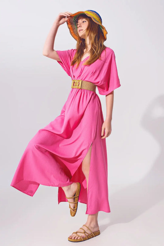 robe longue et cintree a la taille rose - Vestidos