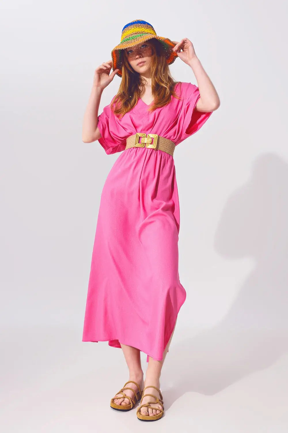 robe longue et cintree a la taille rose - Vestidos
