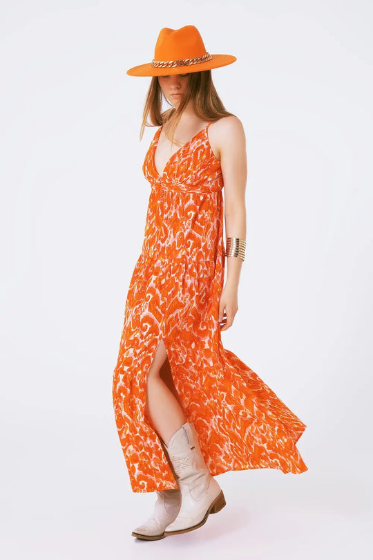 Robe longue imprimée fleurie avec décolleté en V en orange - Vestidos