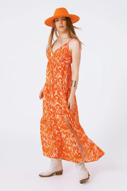 Robe longue imprimée fleurie avec décolleté en V en orange - Vestidos