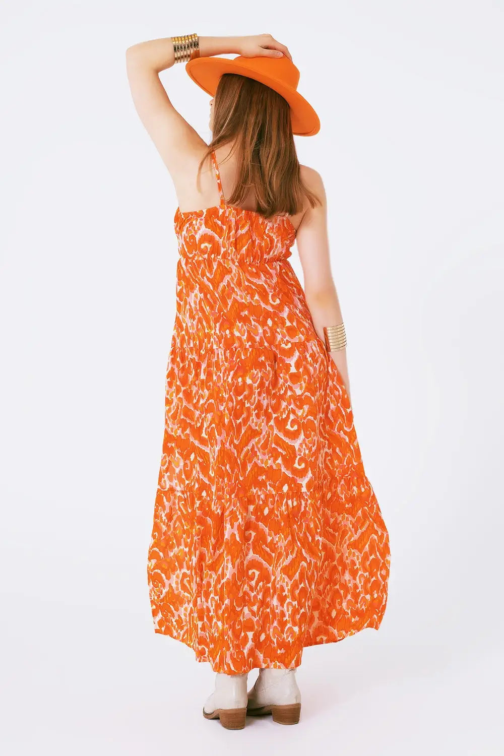 Robe longue imprimée fleurie avec décolleté en V en orange - Vestidos
