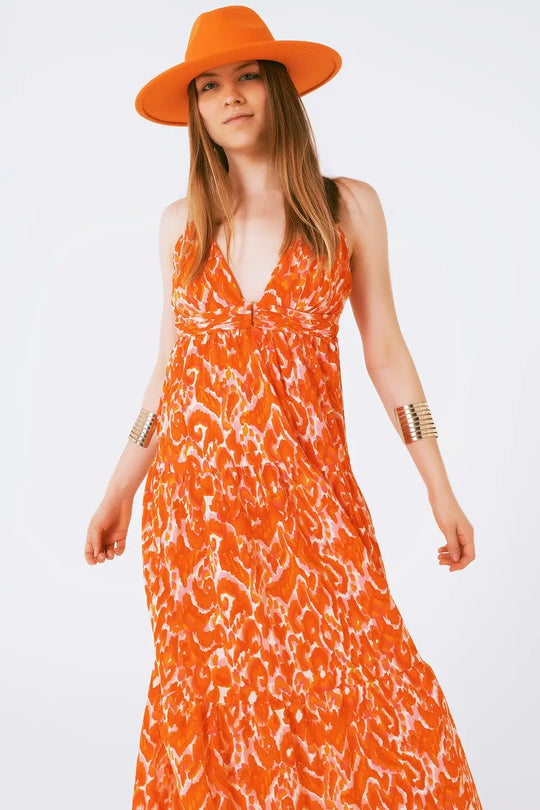 Robe longue imprimée fleurie avec décolleté en V en orange - Vestidos