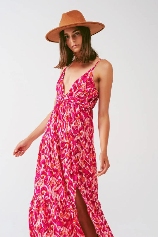 Robe longue imprimée fleurie avec décolleté en V en rose - Vestidos