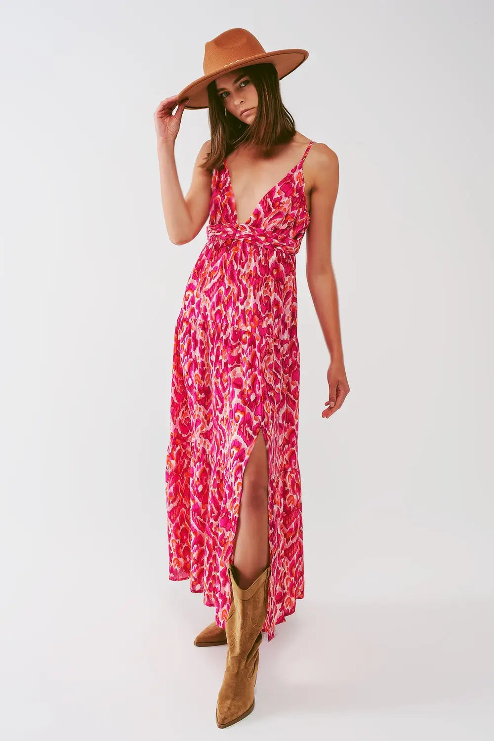 Robe longue imprimée fleurie avec décolleté en V en rose - Vestidos
