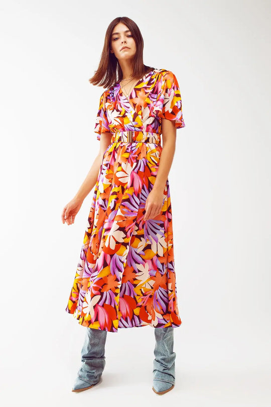 Robe longue plissée à col en V multicolore - Vestidos
