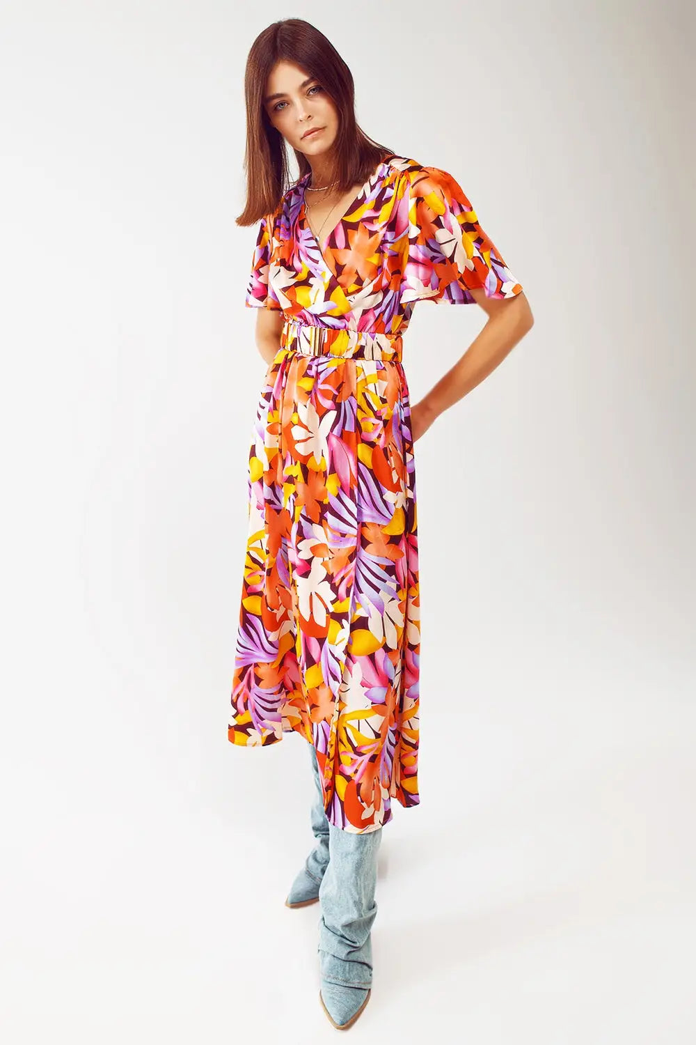 Robe longue plissée à col en V multicolore - Vestidos
