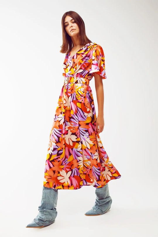 Robe longue plissée à col en V multicolore - Vestidos