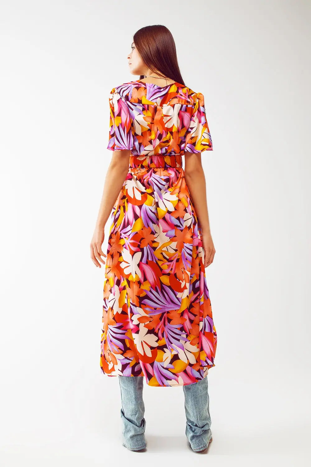 Robe longue plissée à col en V multicolore - Vestidos
