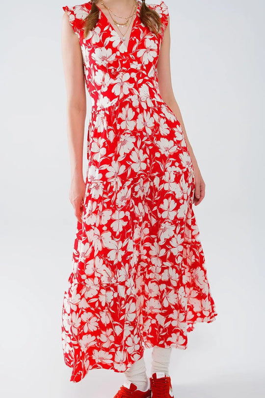 Robe longue rouge à imprimé floral et col en V - Vestidos