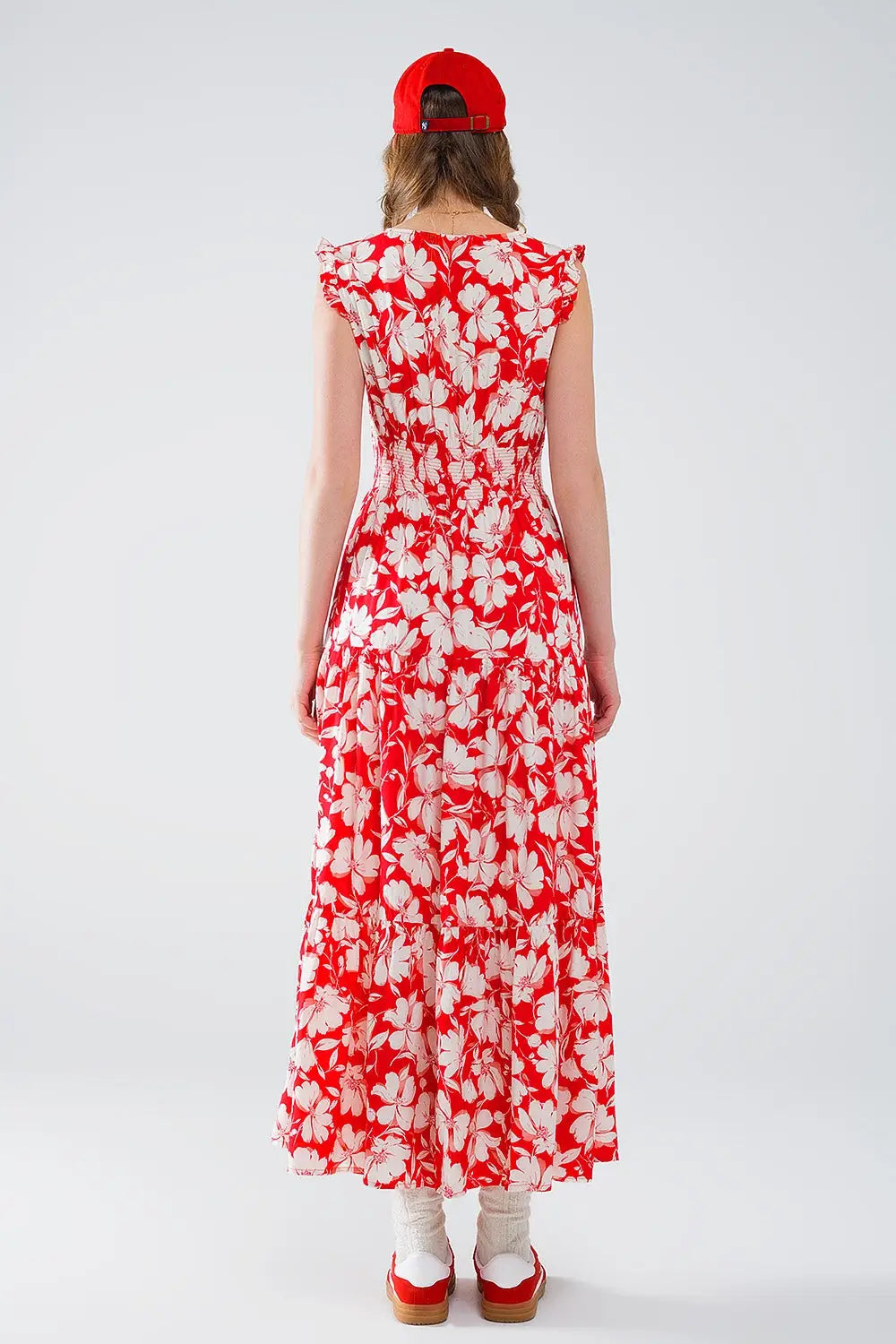 Robe longue rouge à imprimé floral et col en V - Vestidos