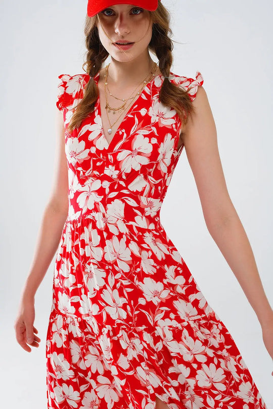 Robe longue rouge à imprimé floral et col en V - Vestidos
