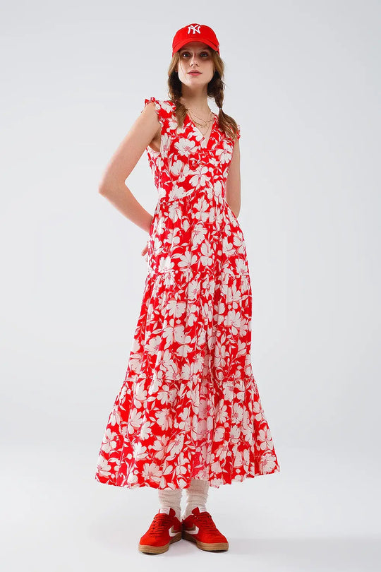Robe longue rouge à imprimé floral et col en V - Vestidos