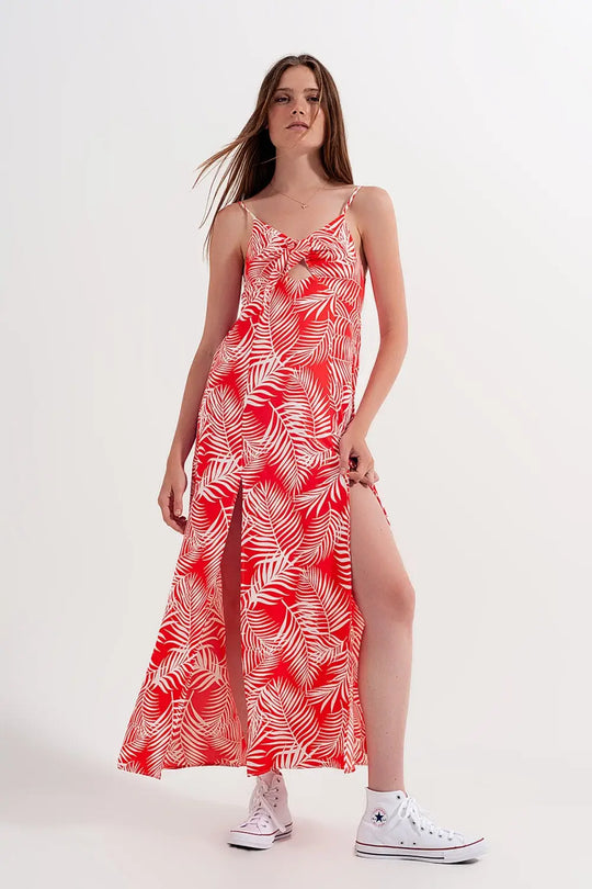 Robe longue rouge fendue à imprimé feuilles - Vestidos