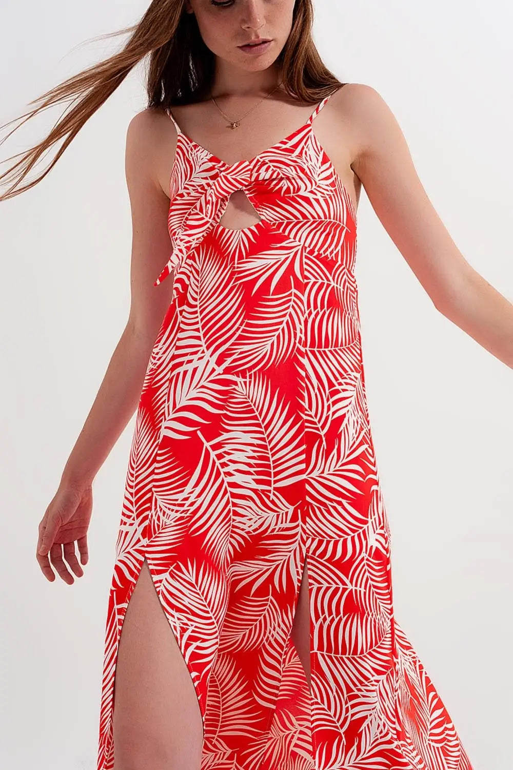 Robe longue rouge fendue à imprimé feuilles - Vestidos