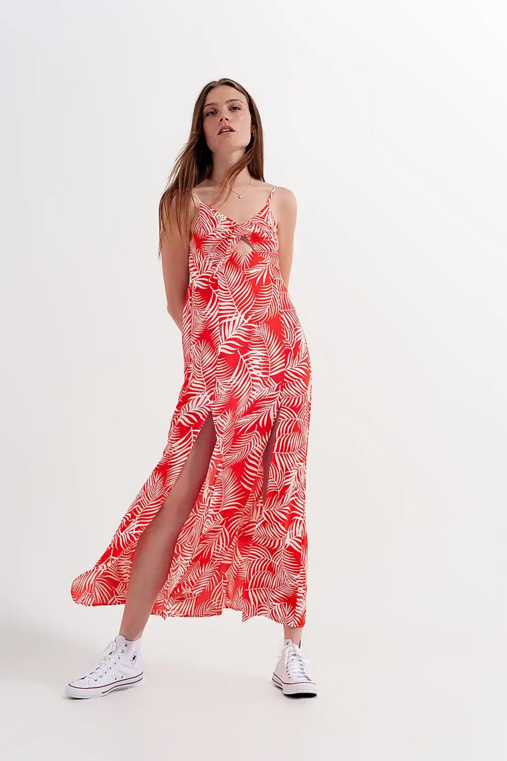 Robe longue rouge fendue à imprimé feuilles - Vestidos