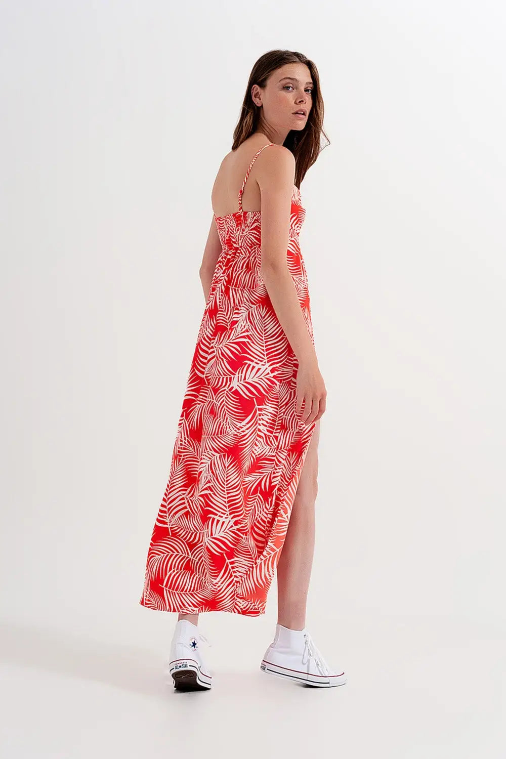Robe longue rouge fendue à imprimé feuilles - Vestidos