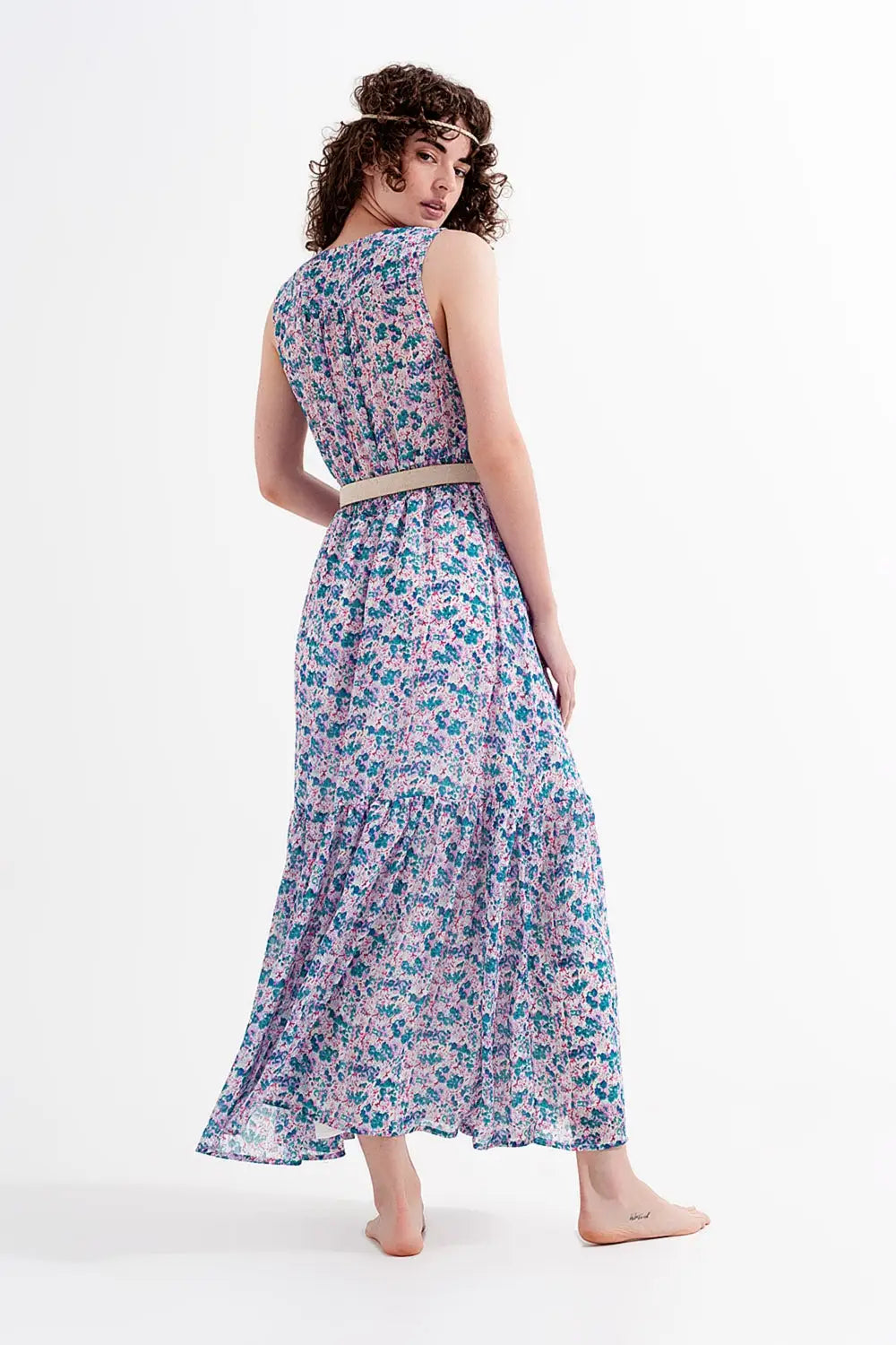 Robe longue sans manches à petites fleurs en vert - Vestidos