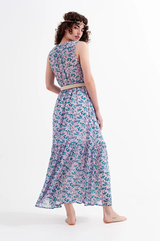 Robe longue sans manches à petites fleurs en vert - Vestidos