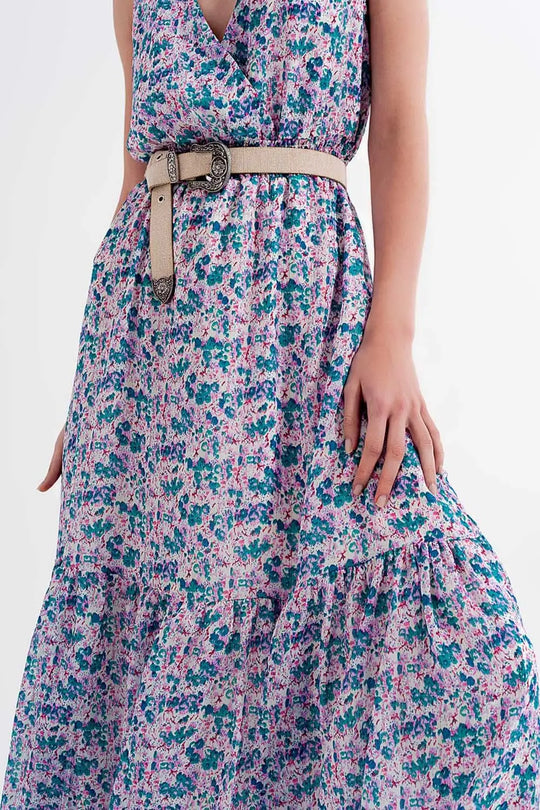Robe longue sans manches à petites fleurs en vert - Vestidos