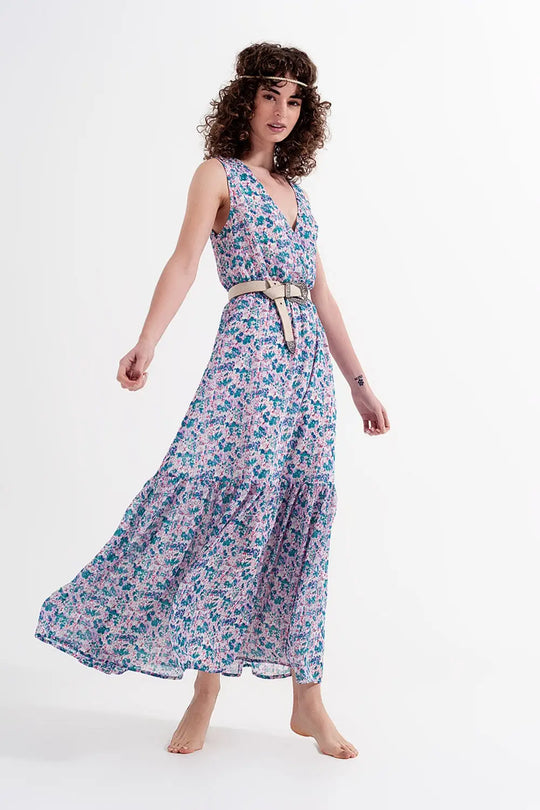 Robe longue sans manches à petites fleurs en vert - Vestidos